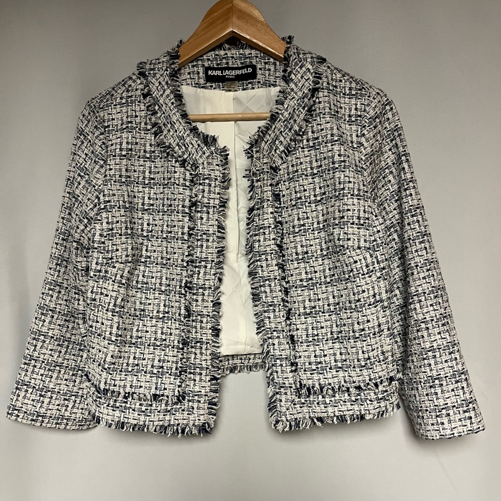 Karl Lagerfeld Paris Tweed Blazer Blue & White Medium